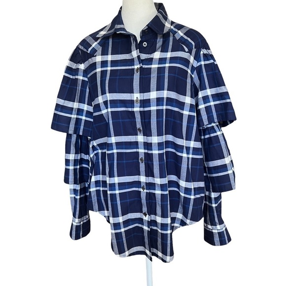 VICTORIA / TOMAS Ruffle-Sleeve Plaid Button-Down Top - Picture 3 of 6